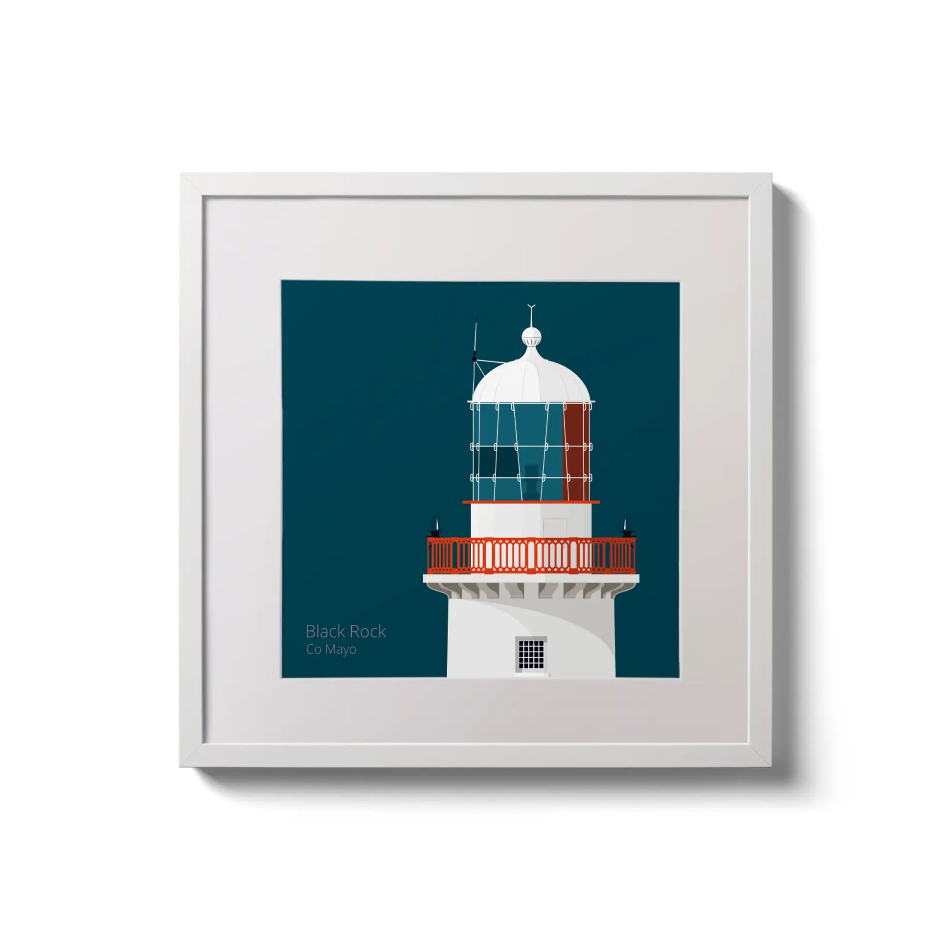 Illustration of Black Rock lighthouse on a midnight blue background,  in a white square frame measuring 20x20cm.