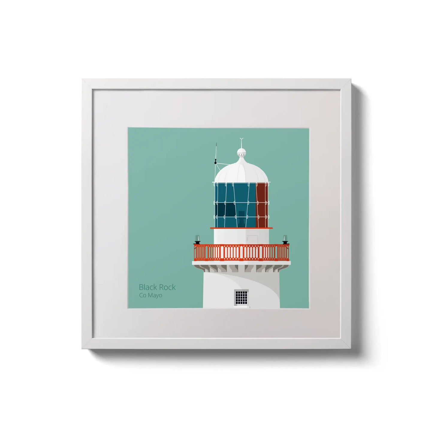 Illustration of Black Rock lighthouse on an ocean green background,  in a white square frame measuring 20x20cm.