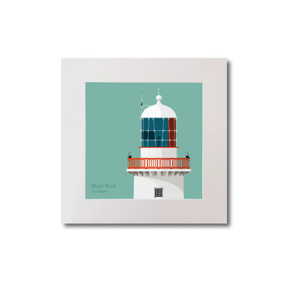 Illustration of Black Rock lighthouse on an ocean green background, mounted and measuring 20x20cm.