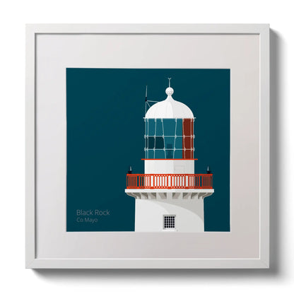 Illustration of Black Rock lighthouse on a midnight blue background,  in a white square frame measuring 30x30cm.
