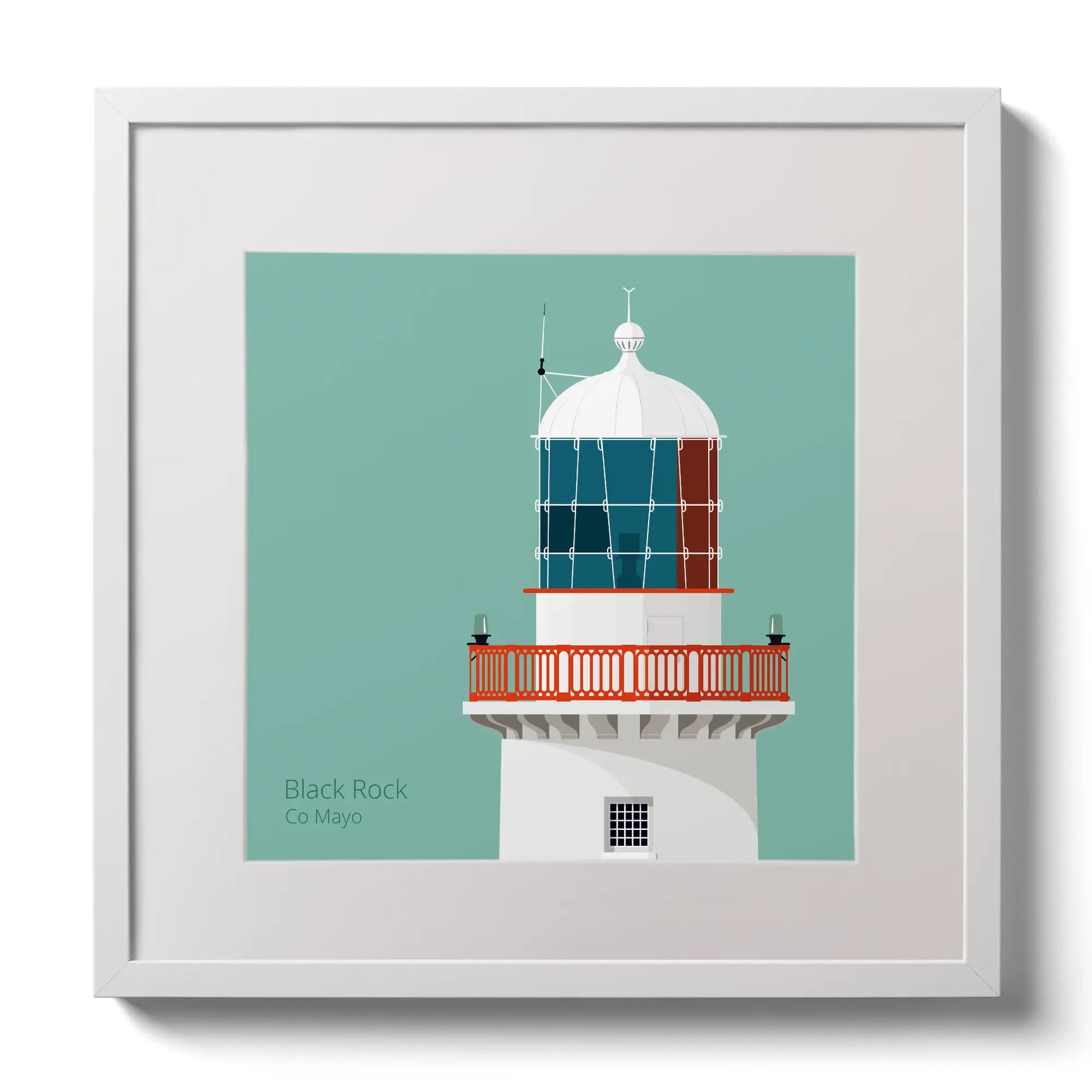 Illustration of Black Rock lighthouse on an ocean green background,  in a white square frame measuring 30x30cm.