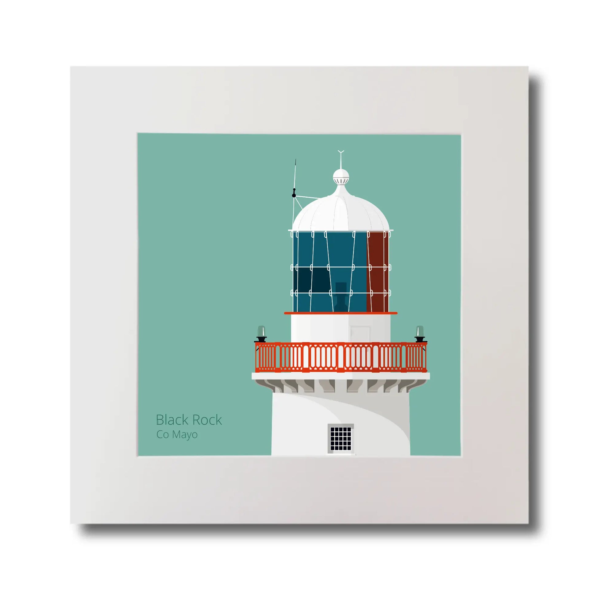 Illustration of Black Rock lighthouse on an ocean green background, mounted and measuring 30x30cm.