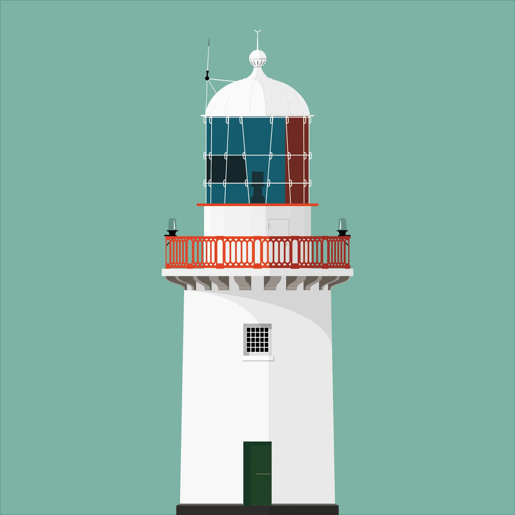 Illustration of Black Rock lighthouse on a white background inside light blue square.