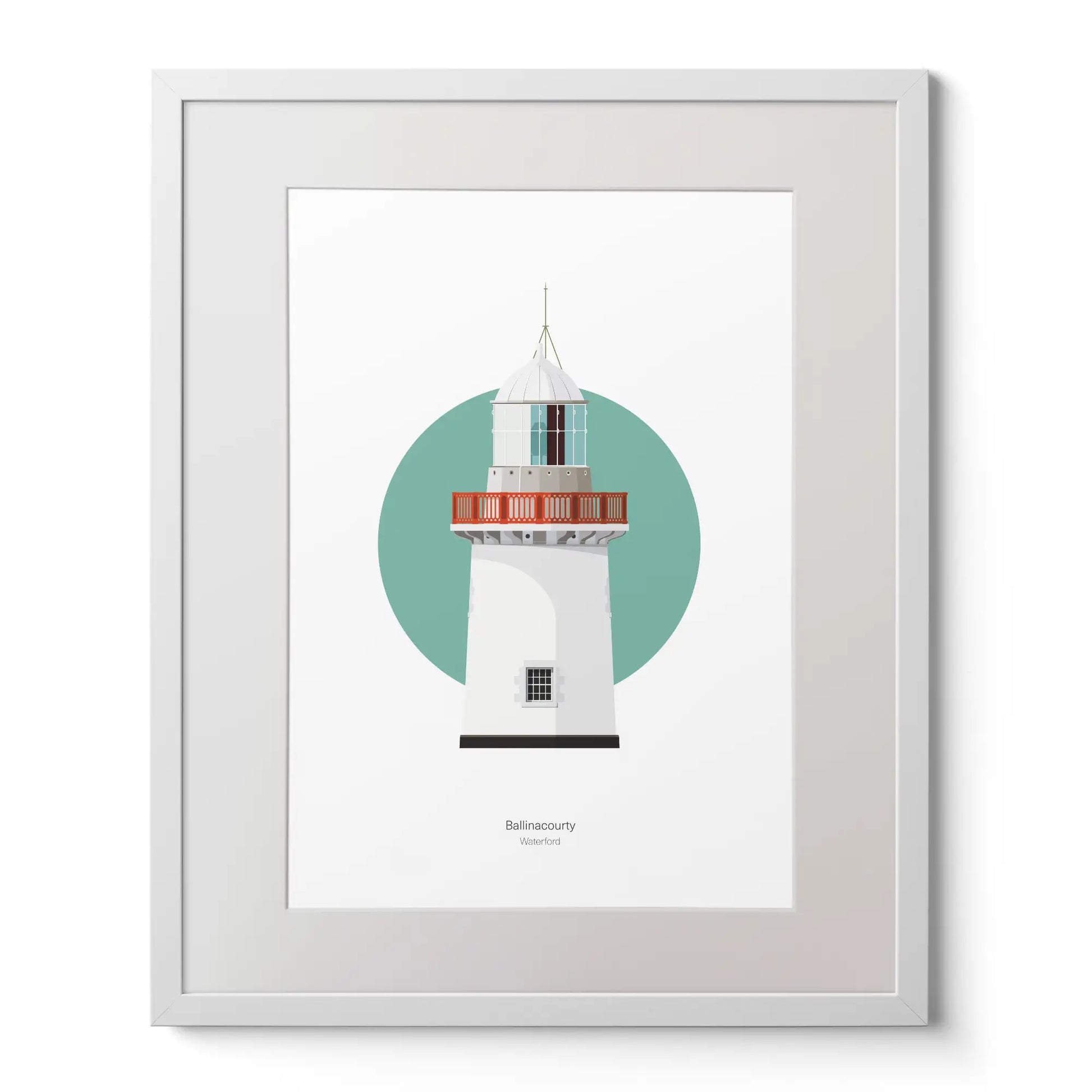 Illustration of Ballinacourty lighthouse on a white background inside light blue square,  in a white frame measuring 40x50cm.