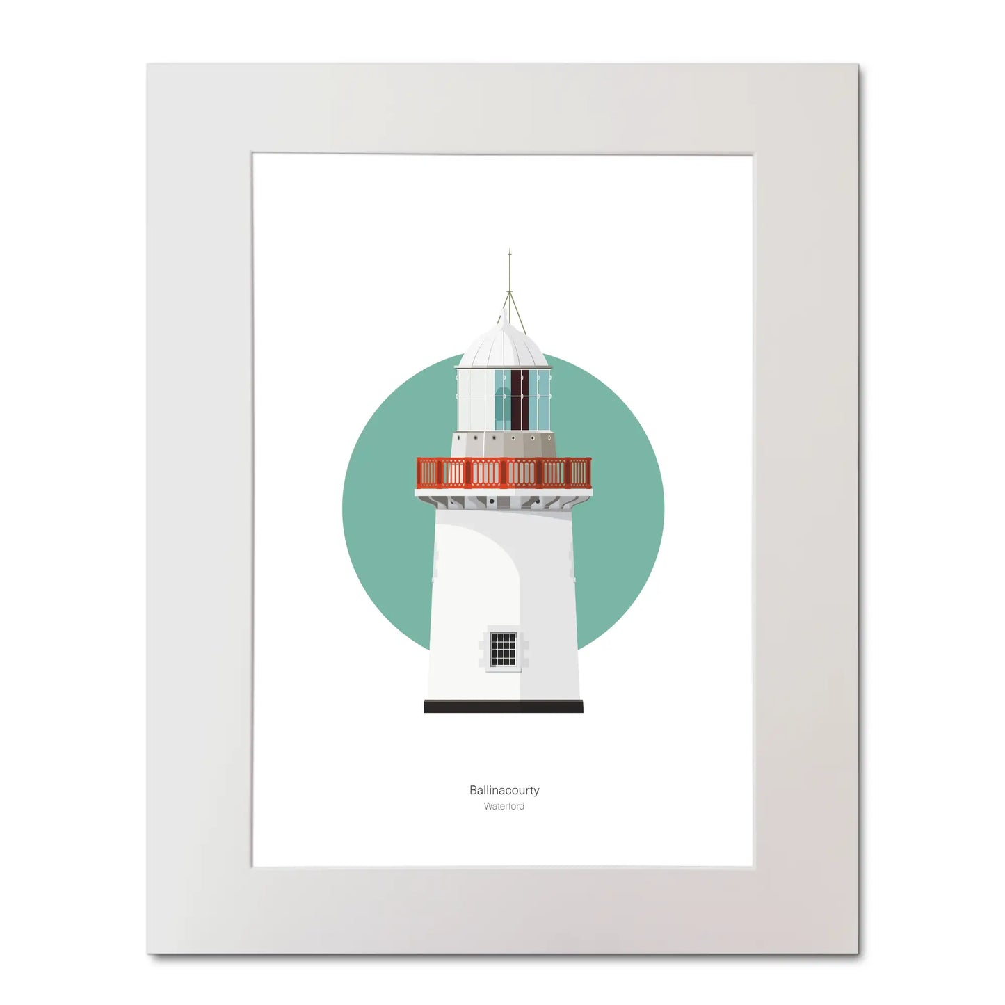 Illustration of Ballinacourty lighthouse on a white background inside light blue square, mounted and measuring 40x50cm.