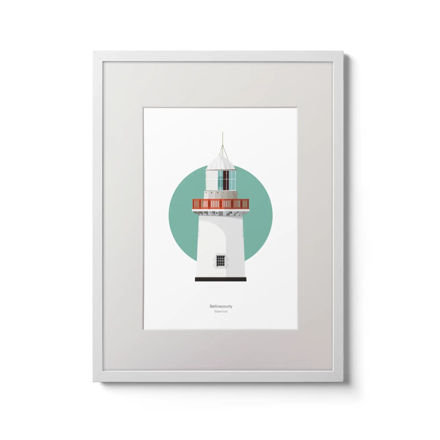 Illustration of Ballinacourty lighthouse on a white background inside light blue square,  in a white frame measuring 30x40cm.