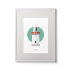 Illustration of Ballinacourty lighthouse on a white background inside light blue square,  in a white frame measuring 30x40cm.