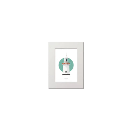 Illustration of Ballinacourty lighthouse on a white background inside light blue square, mounted and measuring 15x20cm.