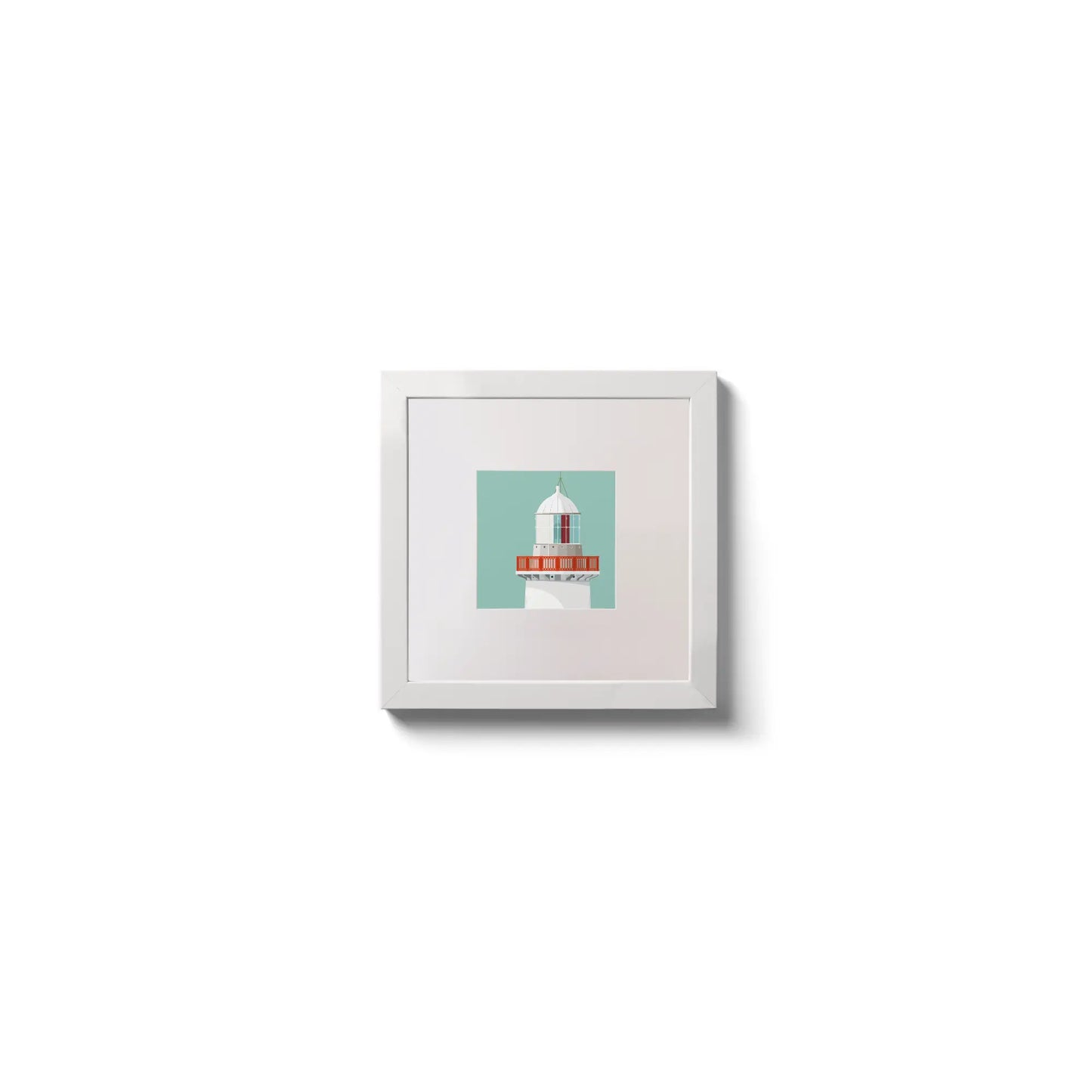 Illustration of Ballinacourty lighthouse on an ocean green background,  in a white square frame measuring 10x10cm.