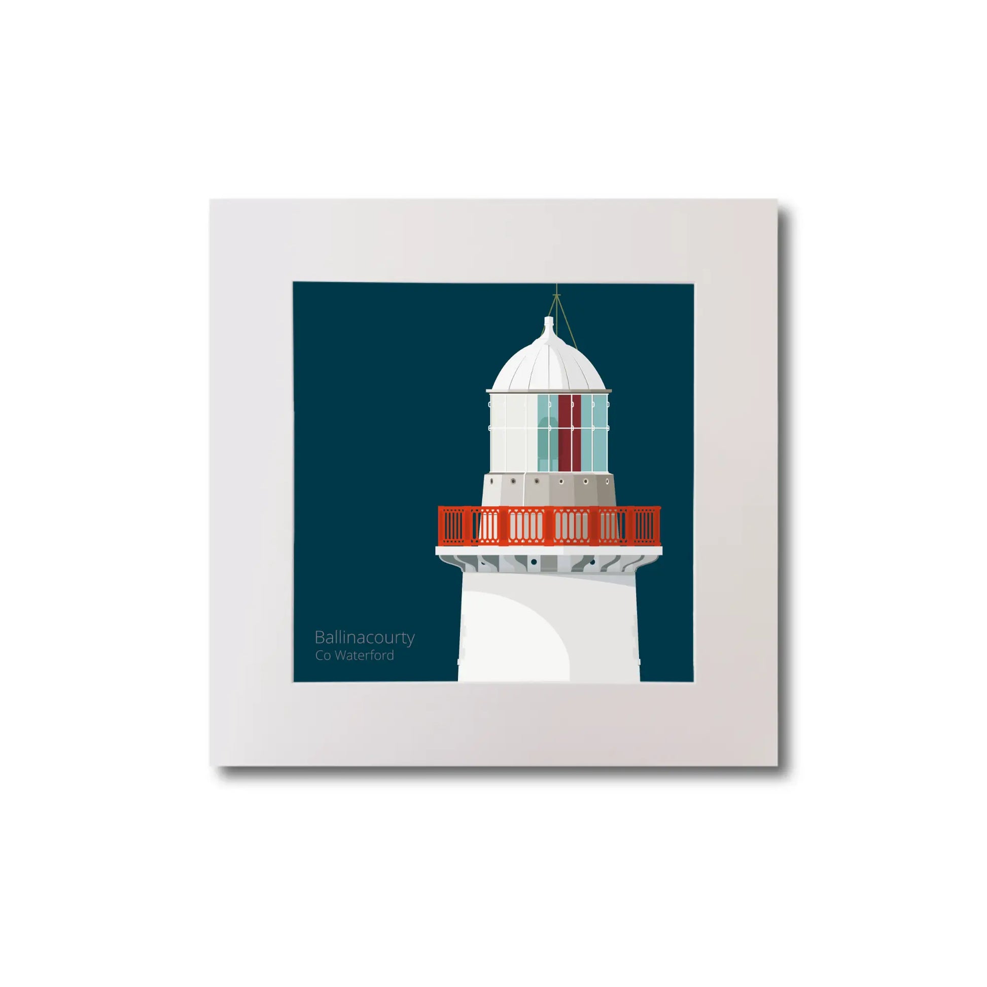 Illustration of Ballinacourty lighthouse on a midnight blue background, mounted and measuring 20x20cm.