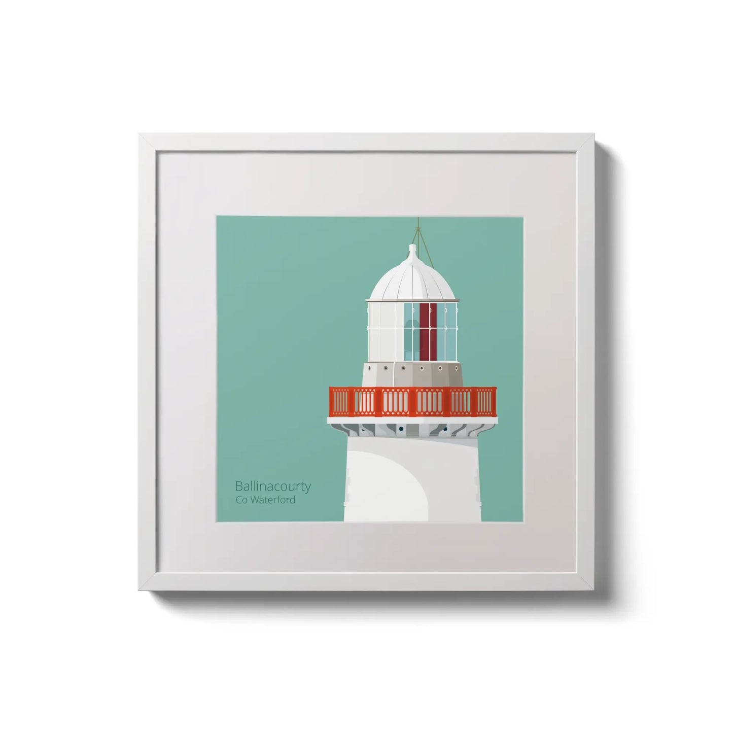 Illustration of Ballinacourty lighthouse on an ocean green background,  in a white square frame measuring 20x20cm.