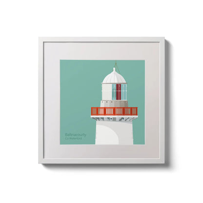 Illustration of Ballinacourty lighthouse on an ocean green background,  in a white square frame measuring 20x20cm.