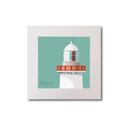 Illustration of Ballinacourty lighthouse on an ocean green background, mounted and measuring 20x20cm.