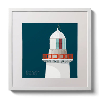Illustration of Ballinacourty lighthouse on a midnight blue background,  in a white square frame measuring 30x30cm.