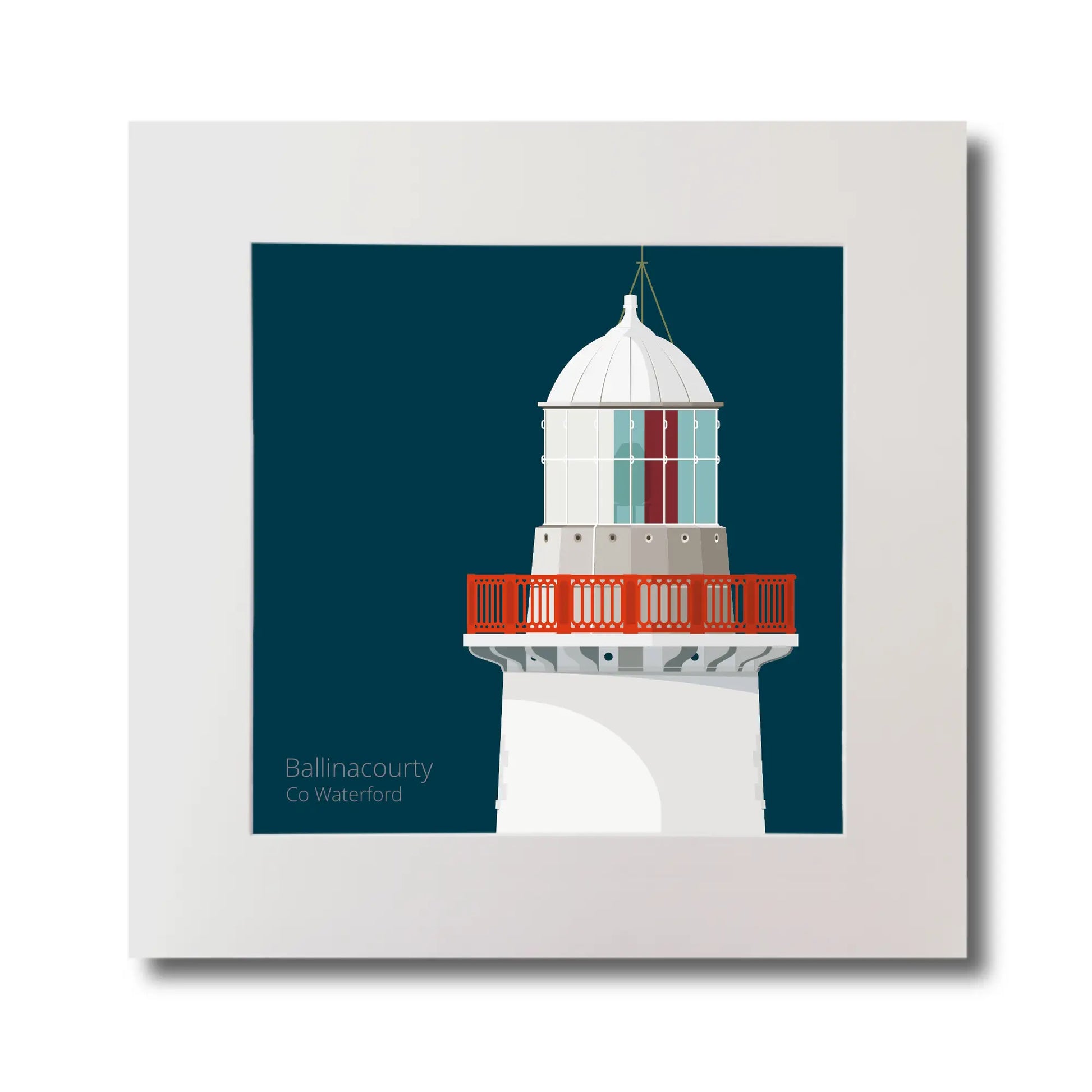 Illustration of Ballinacourty lighthouse on a midnight blue background, mounted and measuring 30x30cm.