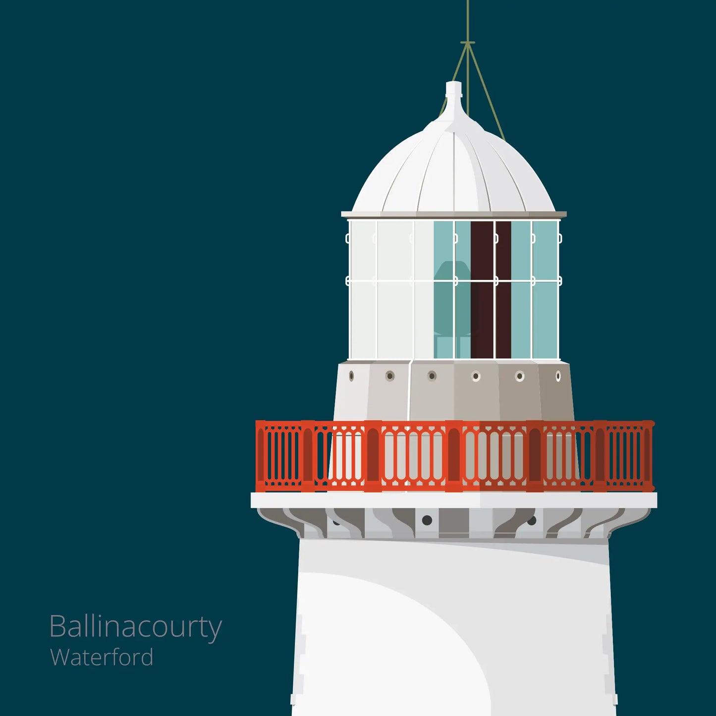 Illustration of Ballinacourty lighthouse on a midnight blue background
