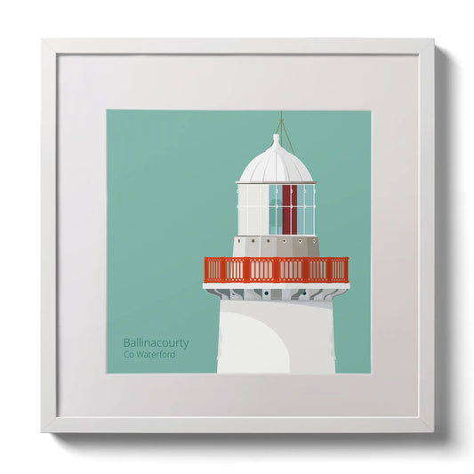 Illustration of Ballinacourty lighthouse on an ocean green background,  in a white square frame measuring 30x30cm.