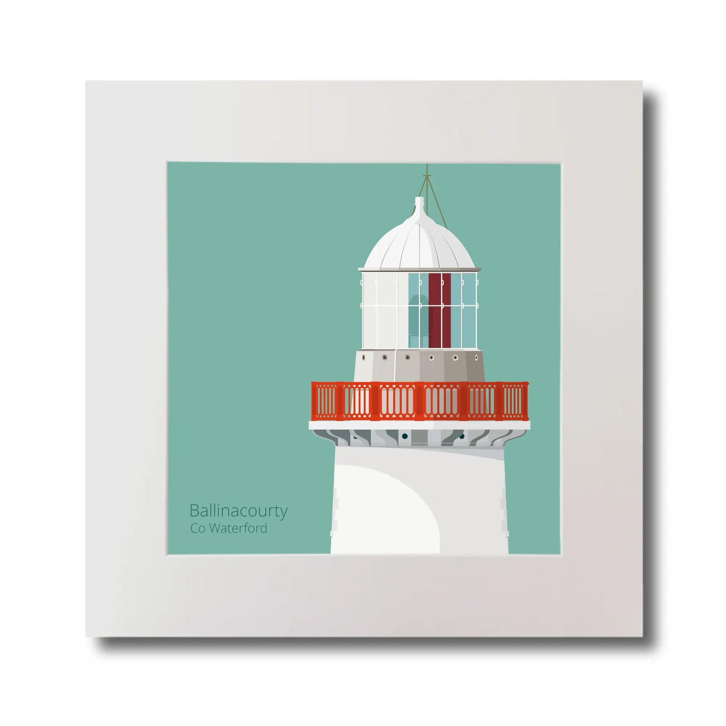 Illustration of Ballinacourty lighthouse on an ocean green background, mounted and measuring 30x30cm.