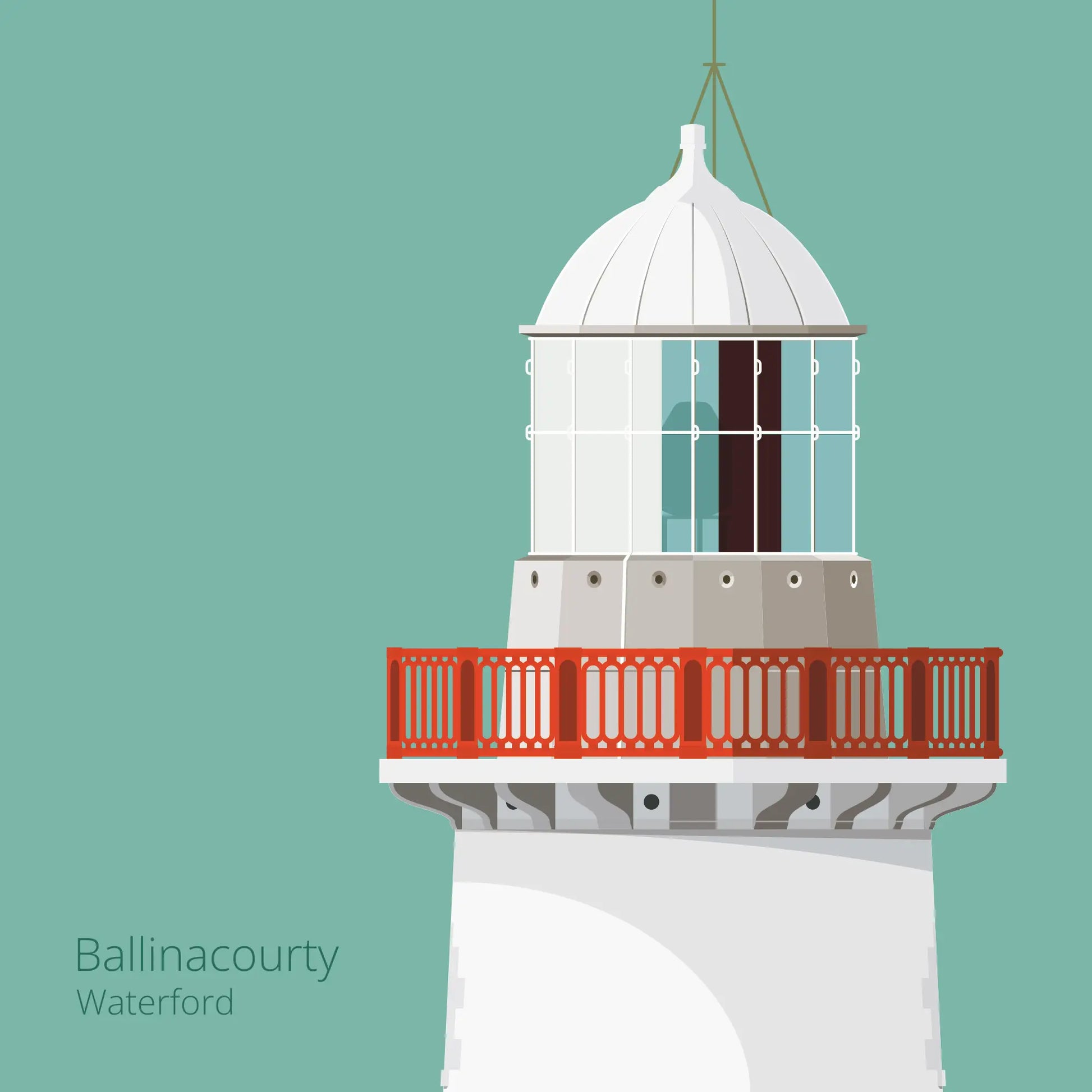 Illustration of Ballinacourty lighthouse on an ocean green background