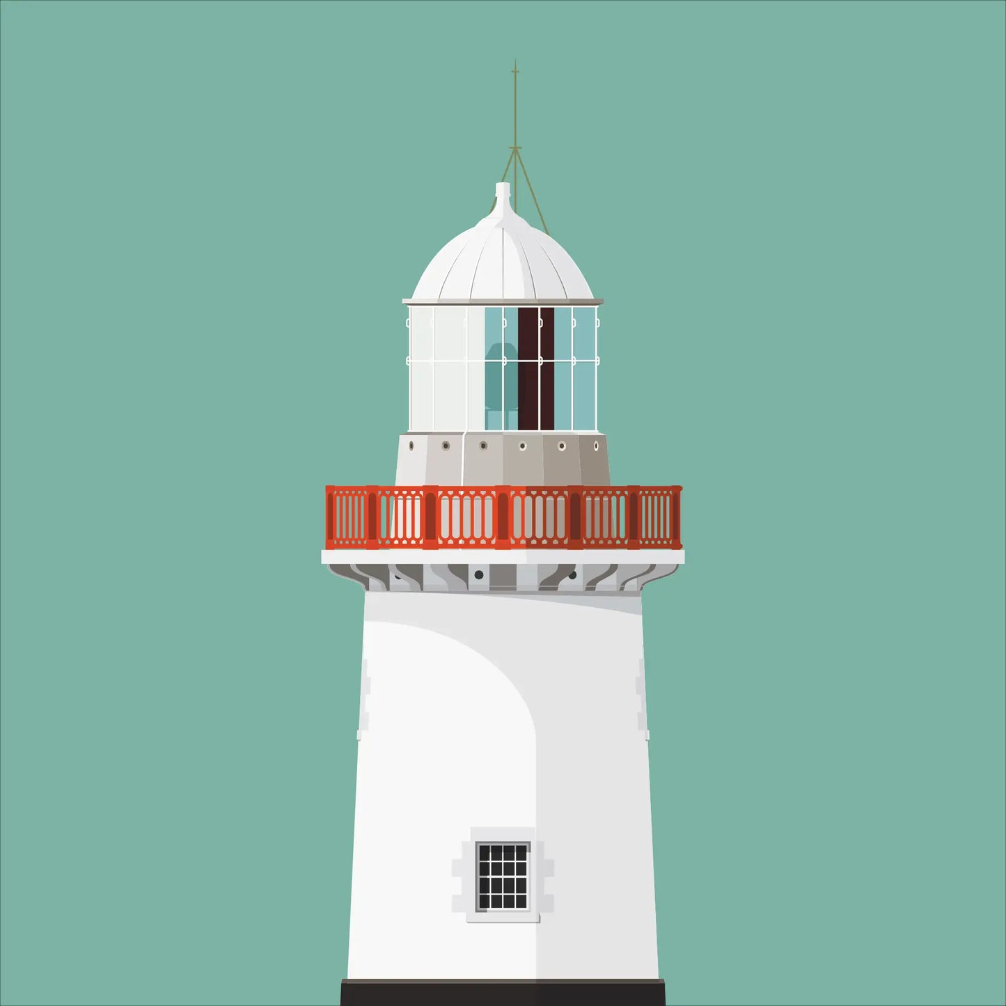 Illustration of Ballinacourty lighthouse on a white background inside light blue square.