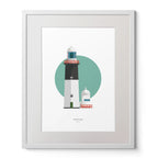 Illustration of Rathlin East lighthouse on a white background inside light blue square,  in a white frame measuring 40x50cm.