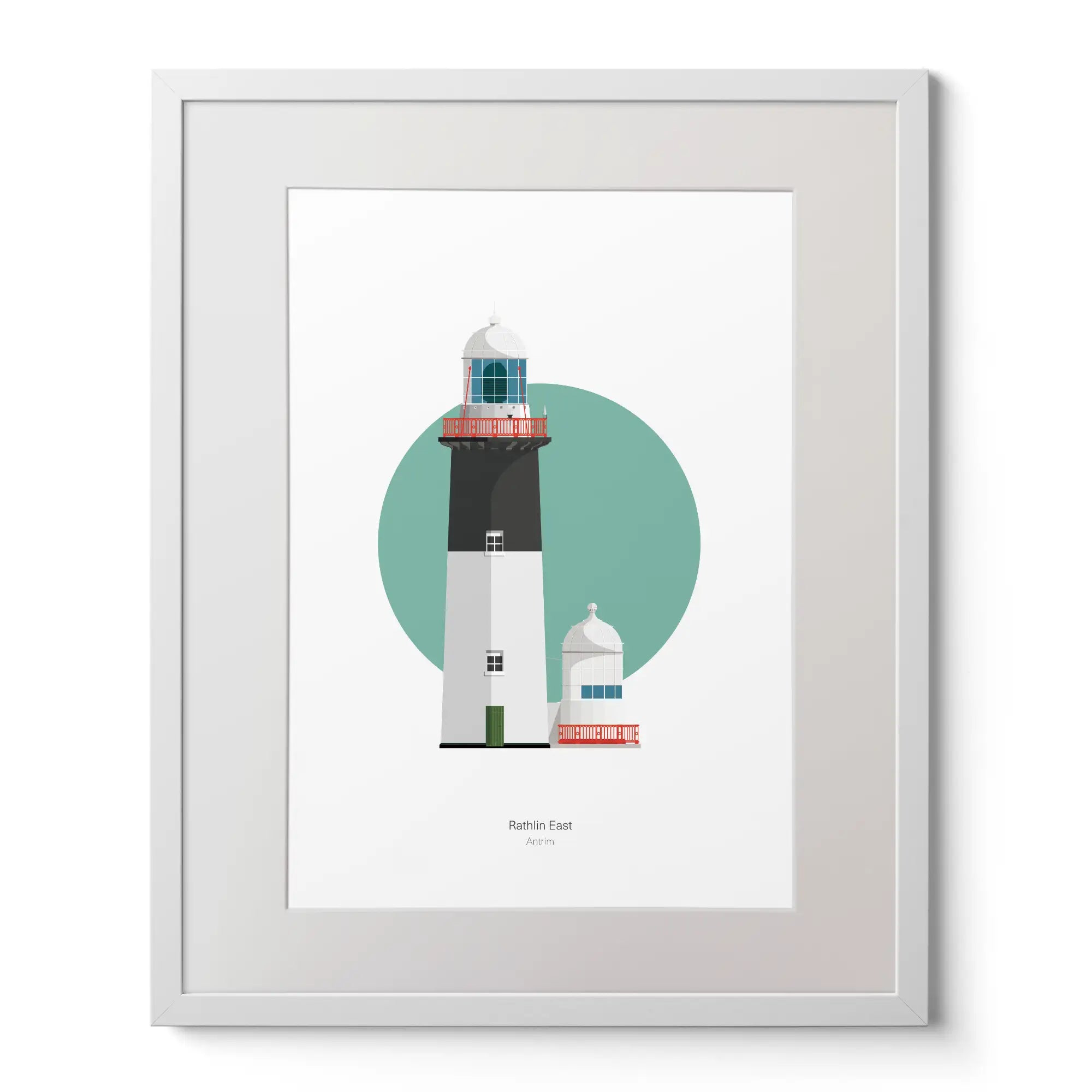 Illustration of Rathlin East lighthouse on a white background inside light blue square,  in a white frame measuring 40x50cm.