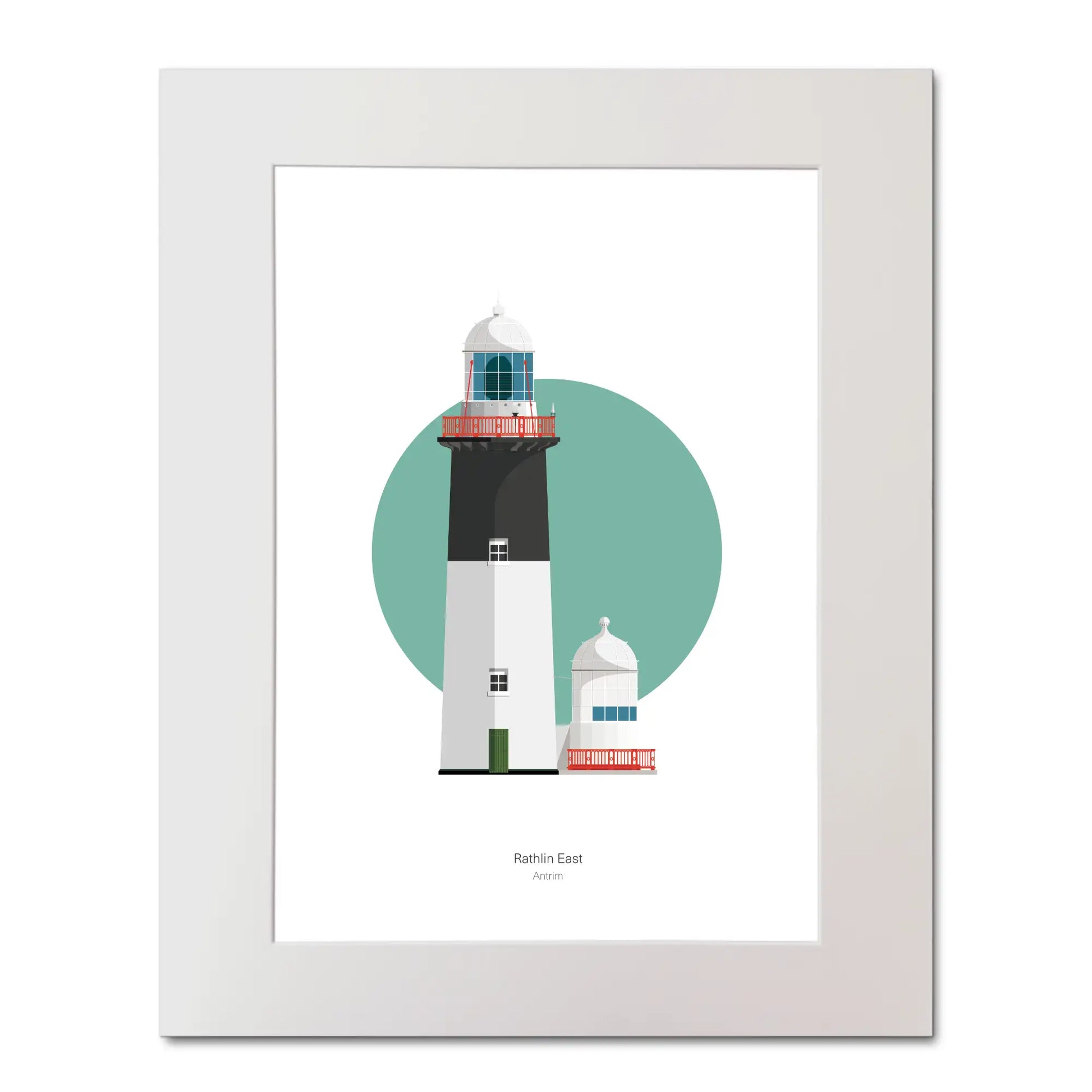 Illustration of Rathlin East lighthouse on a white background inside light blue square, mounted and measuring 40x50cm.