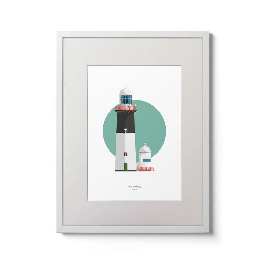 Illustration of Rathlin East lighthouse on a white background inside light blue square,  in a white frame measuring 30x40cm.
