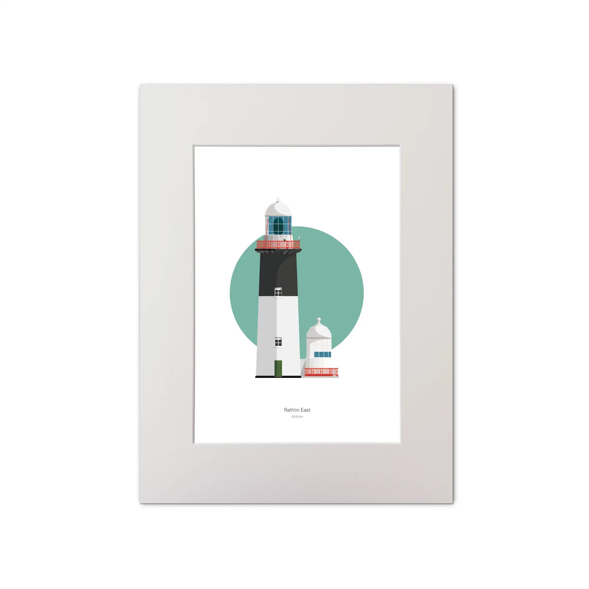 Illustration of Rathlin East lighthouse on a white background inside light blue square, mounted and measuring 30x40cm.
