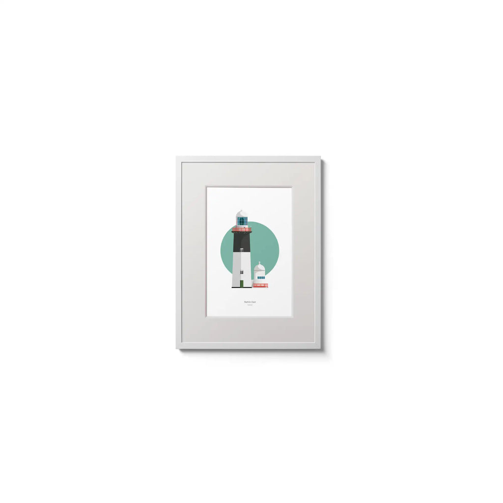 Illustration of Rathlin East lighthouse on a white background inside light blue square,  in a white frame measuring 15x20cm.