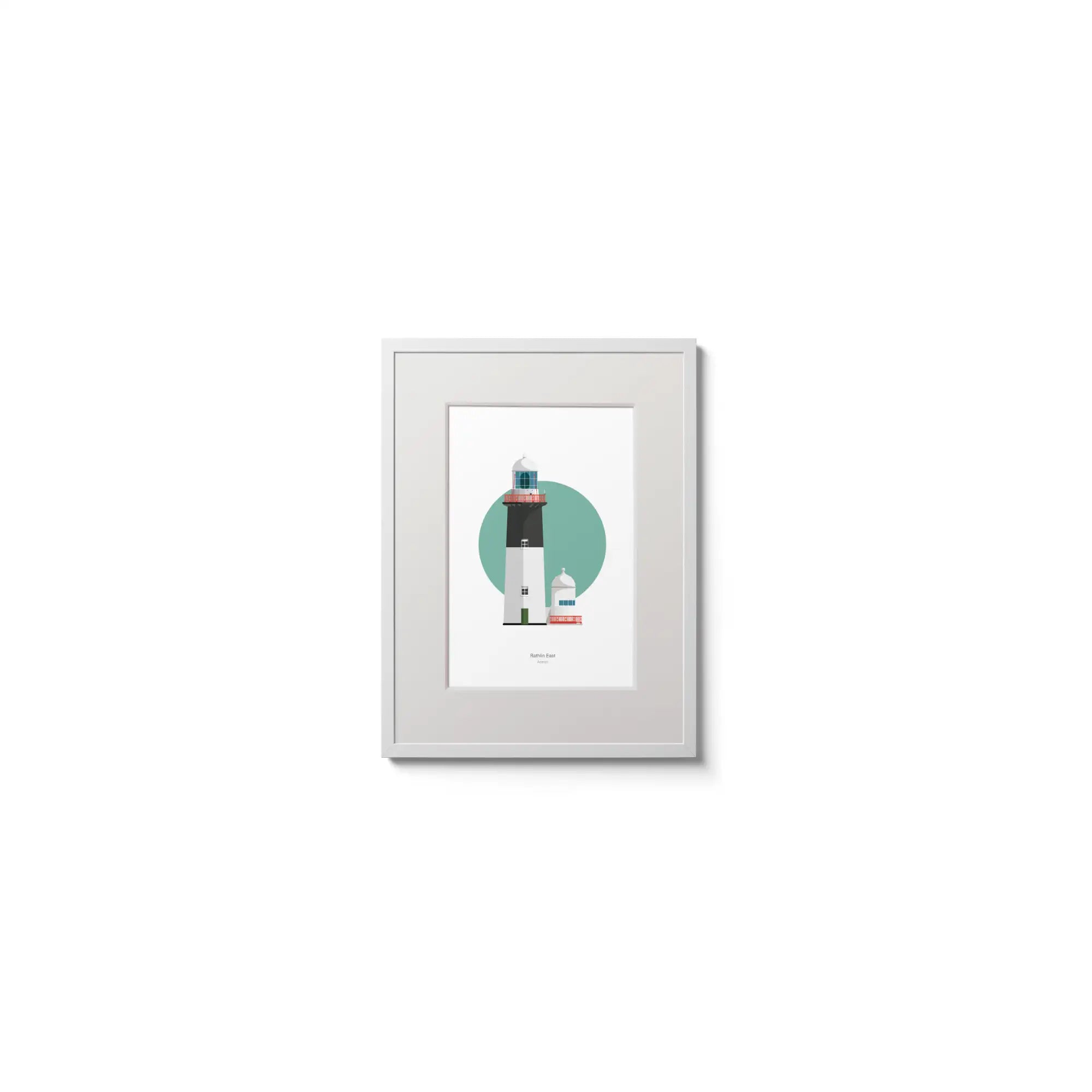 Illustration of Rathlin East lighthouse on a white background inside light blue square,  in a white frame measuring 15x20cm.