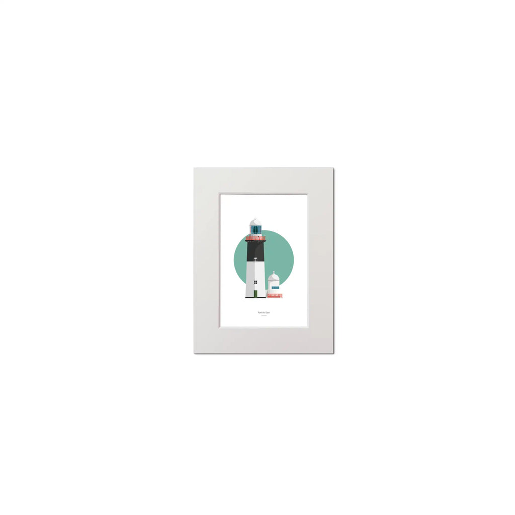 Illustration of Rathlin East lighthouse on a white background inside light blue square, mounted and measuring 15x20cm.