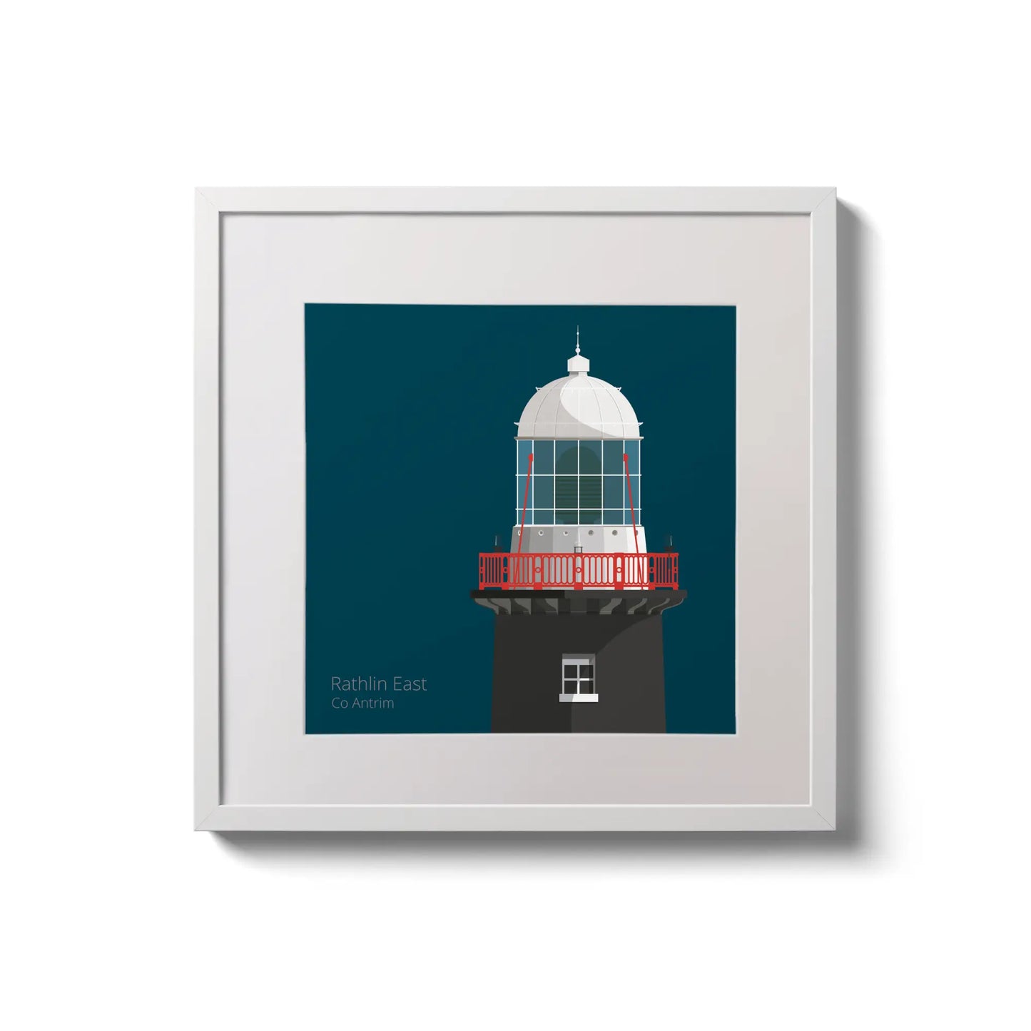 Illustration of Rathlin East lighthouse on a midnight blue background,  in a white square frame measuring 20x20cm.