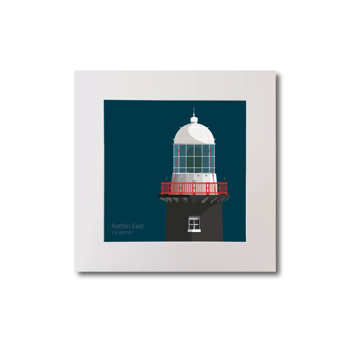 Illustration of Rathlin East lighthouse on a midnight blue background, mounted and measuring 20x20cm.