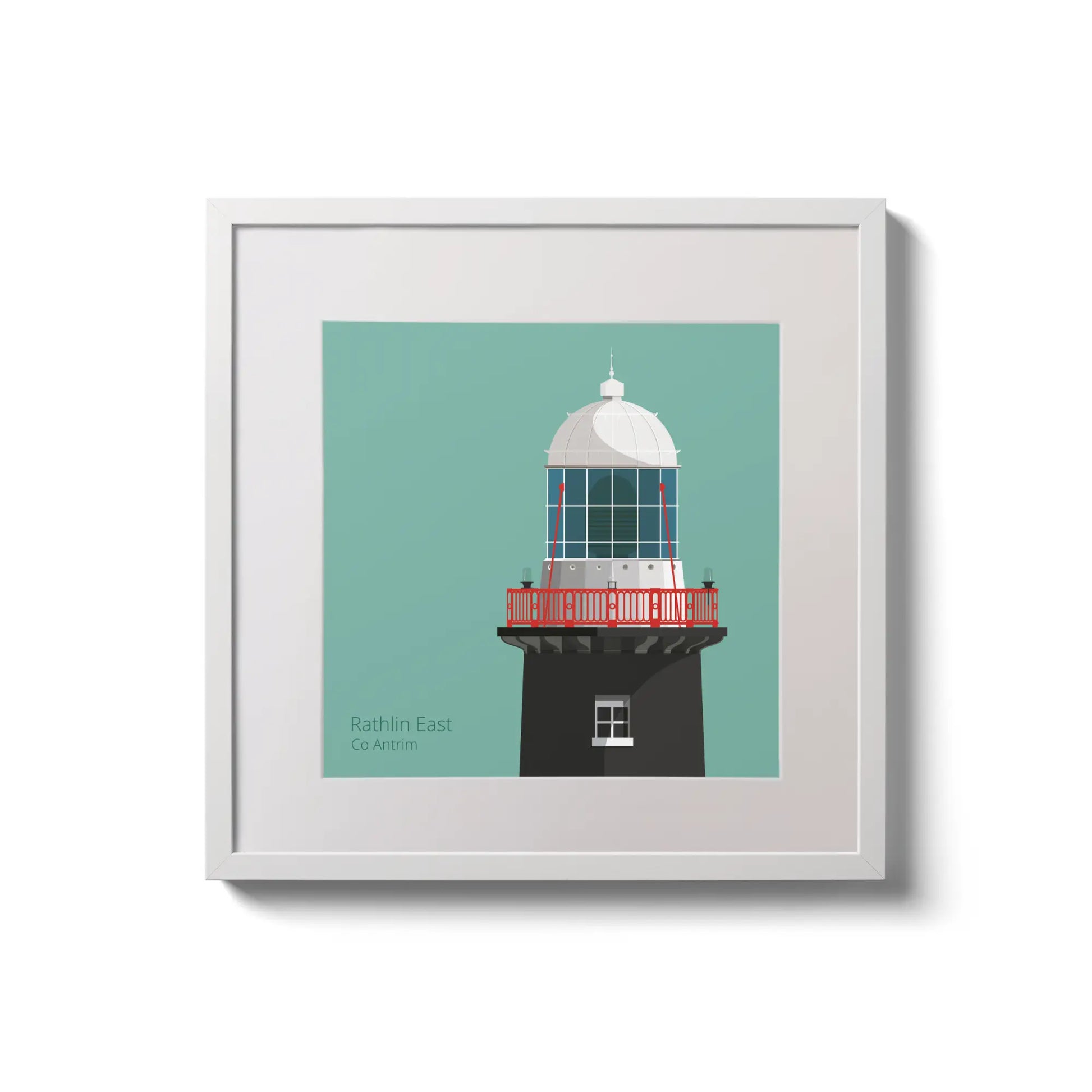 Illustration of Rathlin East lighthouse on an ocean green background,  in a white square frame measuring 20x20cm.
