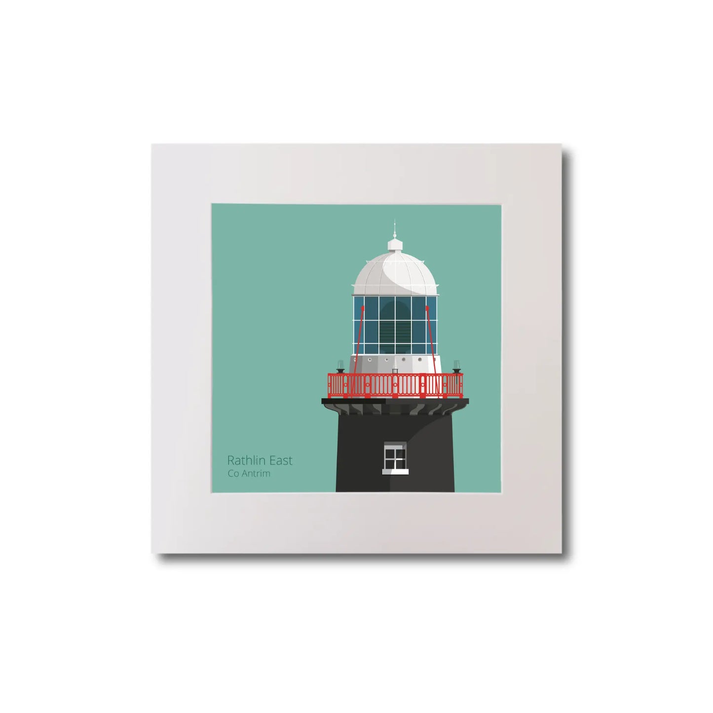 Illustration of Rathlin East lighthouse on an ocean green background, mounted and measuring 20x20cm.