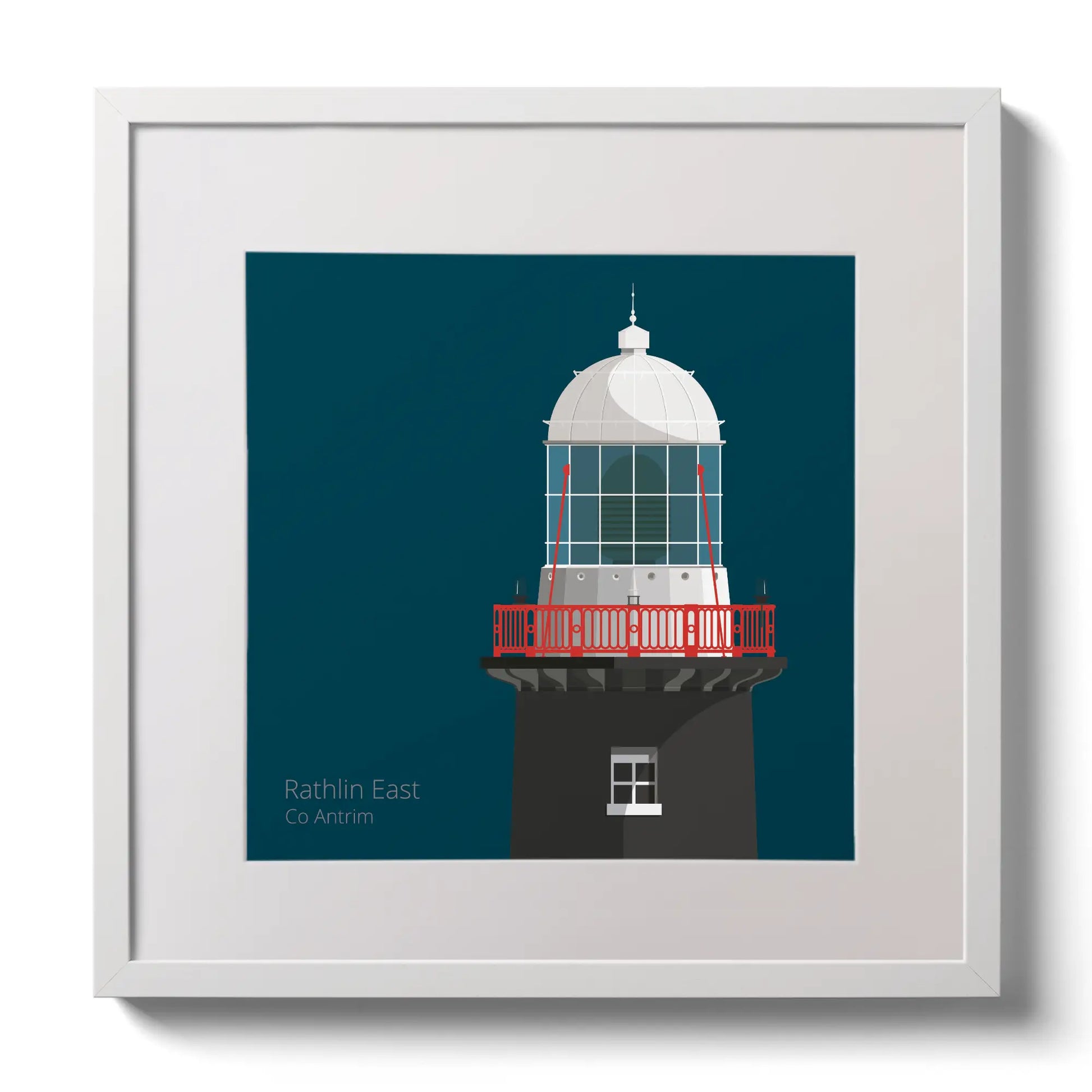 Illustration of Rathlin East lighthouse on a midnight blue background,  in a white square frame measuring 30x30cm.