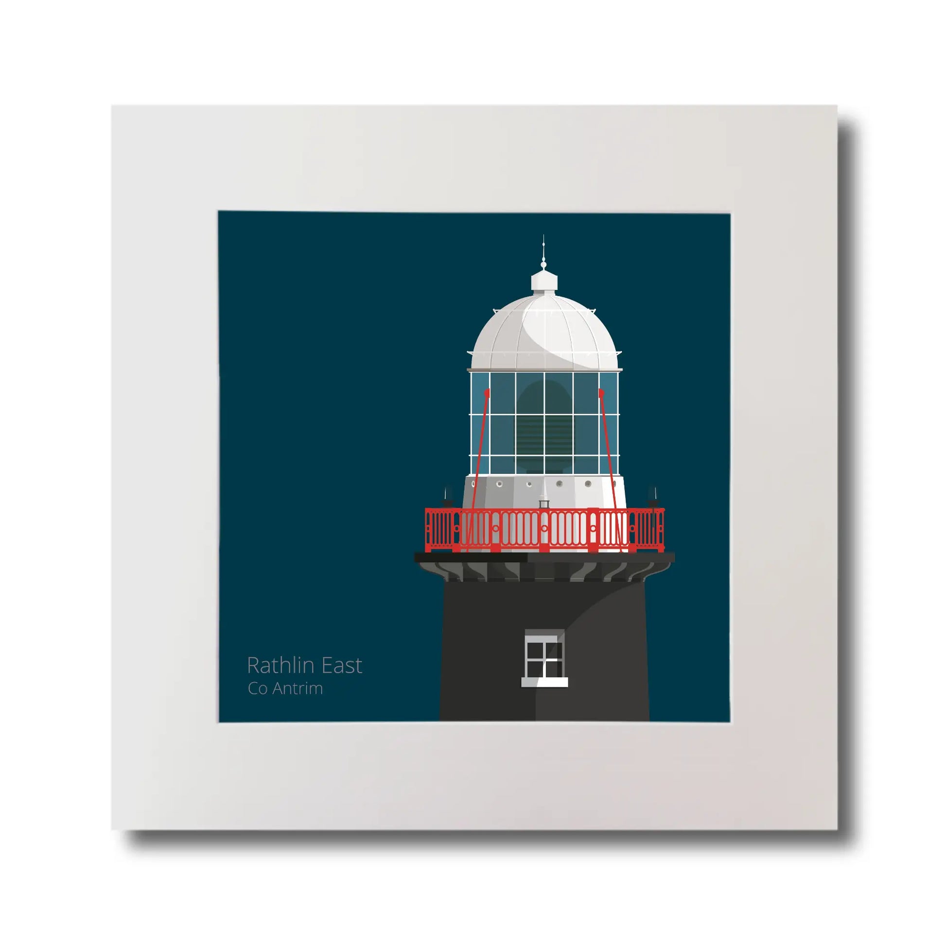 Illustration of Rathlin East lighthouse on a midnight blue background, mounted and measuring 30x30cm.