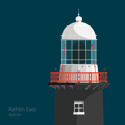 Illustration of Rathlin East lighthouse on a midnight blue background