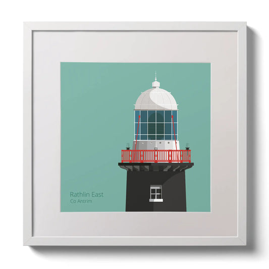 Illustration of Rathlin East lighthouse on an ocean green background,  in a white square frame measuring 30x30cm.