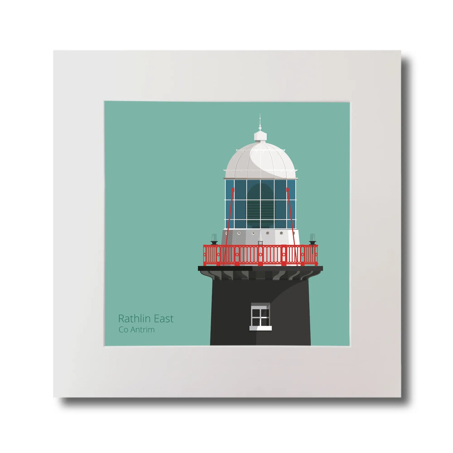 Illustration of Rathlin East lighthouse on an ocean green background, mounted and measuring 30x30cm.