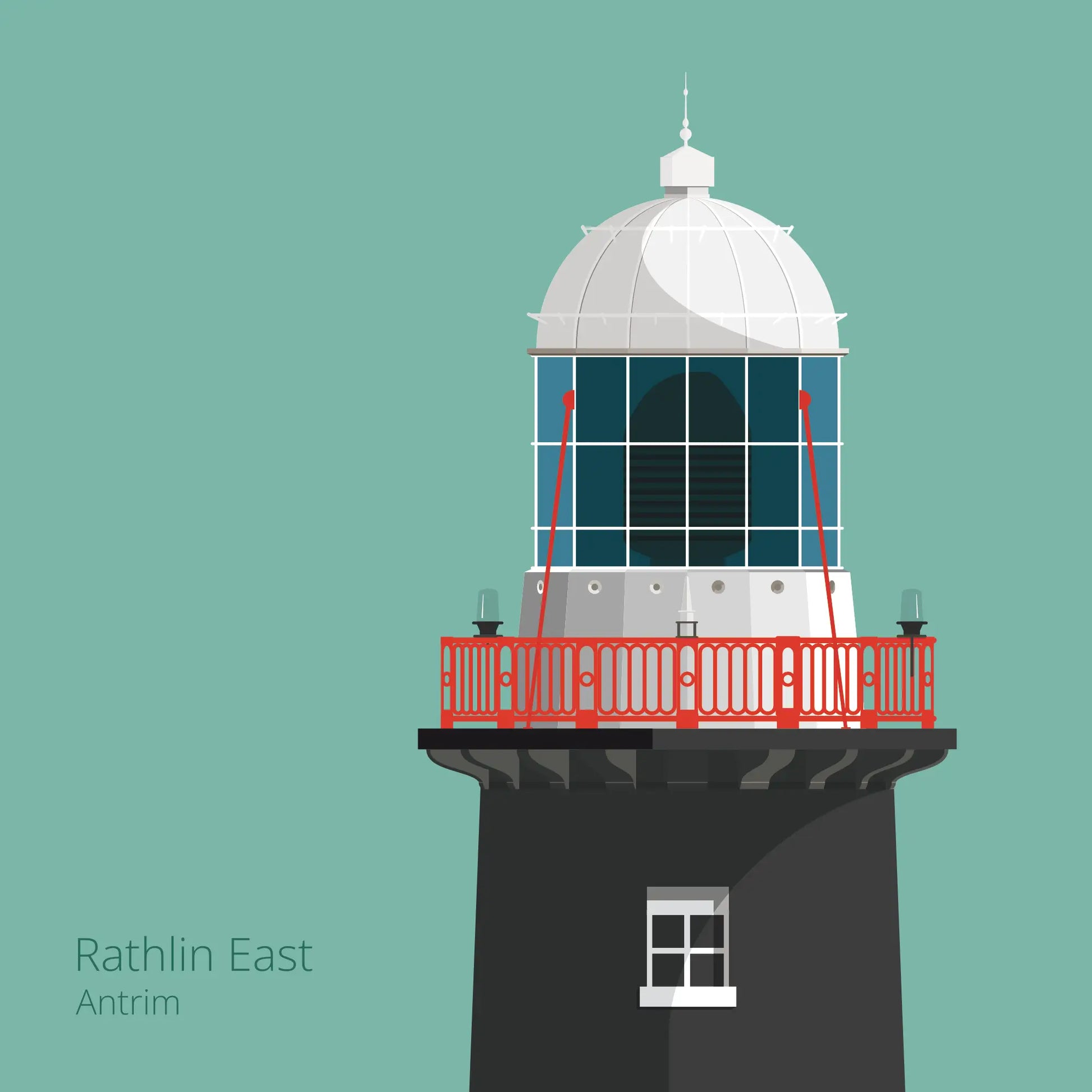 Illustration of Rathlin East lighthouse on an ocean green background