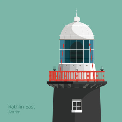 Illustration of Rathlin East lighthouse on an ocean green background