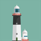 Illustration of Rathlin East lighthouse on a white background inside light blue square.