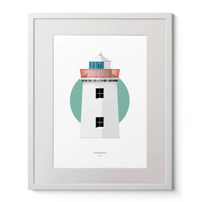 Illustration of Kilcredaun lighthouse on a white background inside light blue square,  in a white frame measuring 40x50cm