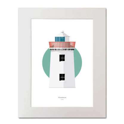 Illustration of Kilcredaun lighthouse on a white background inside light blue square, mounted and measuring 40x50cm.