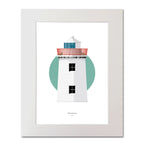Illustration of Kilcredaun lighthouse on a white background inside light blue square, mounted and measuring 40x50cm.