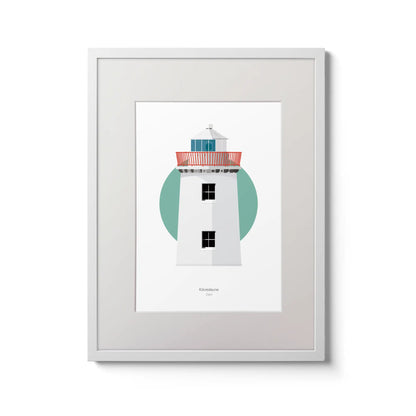Illustration of Kilcredaun lighthouse on a white background inside light blue square,  in a white frame measuring 30x40cm.