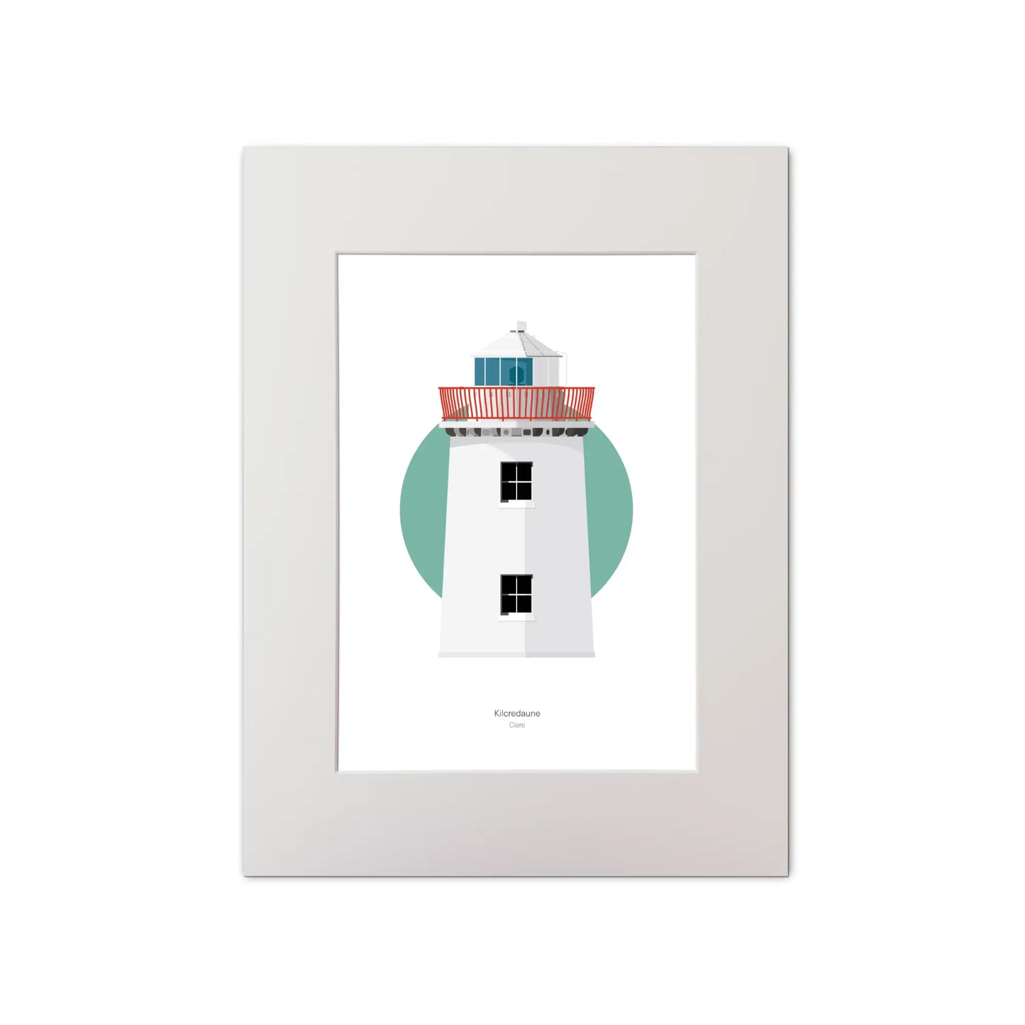 Illustration of Kilcredaun lighthouse on a white background inside light blue square, mounted and measuring 30x40cm.