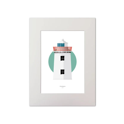 Illustration of Kilcredaun lighthouse on a white background inside light blue square, mounted and measuring 30x40cm.